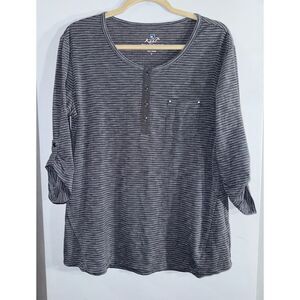Kuhl pullover gray striped metal button Henley roll tab sleeves size large